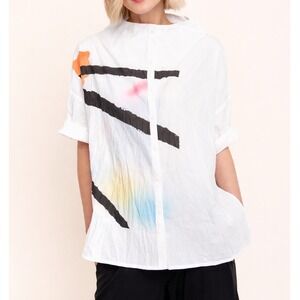Ozai N Ku crinkle funnel mirage White Abstract Cotton Lagenlook Shirt M artsy